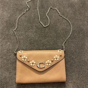 Coach Beige Leather Floral Appliqué Crossbody with Silver Chain